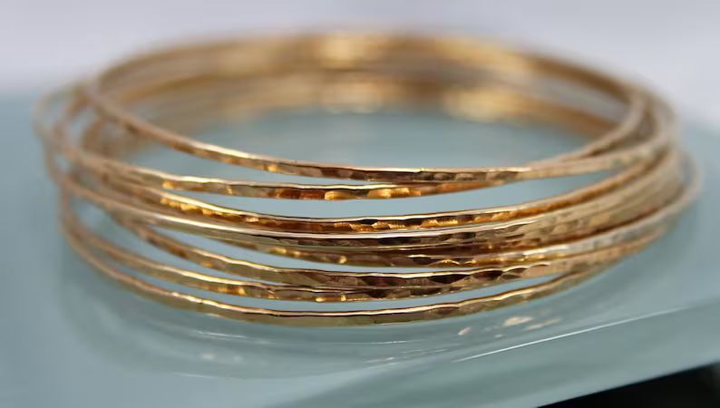 Set of 10 14k Gold Filled Sparkle  Bangle Bracelets Bangles Hand Forged Hammer Texture Bright Fin... | Etsy (US)