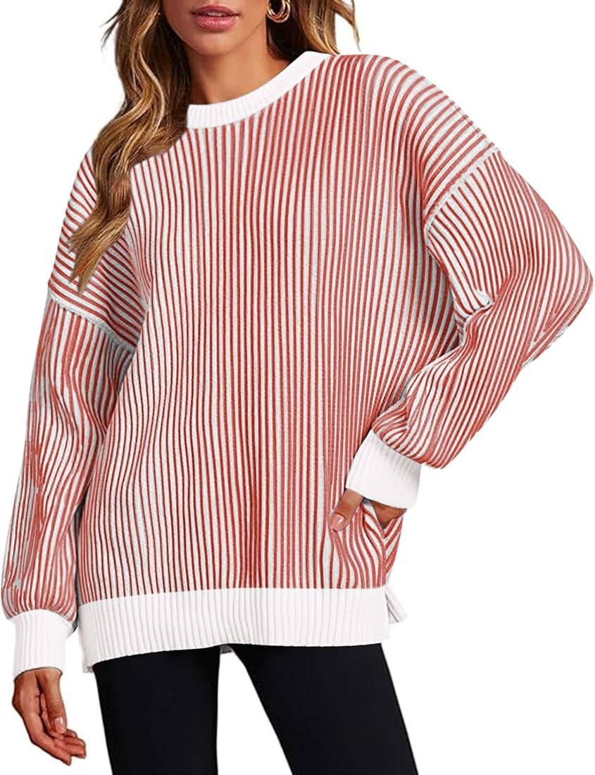 Zeagoo Women 2024 Winter Oversized Sweater Crew Neck Long Sleeve Color Block Pullover Rib Knit Bl... | Amazon (US)
