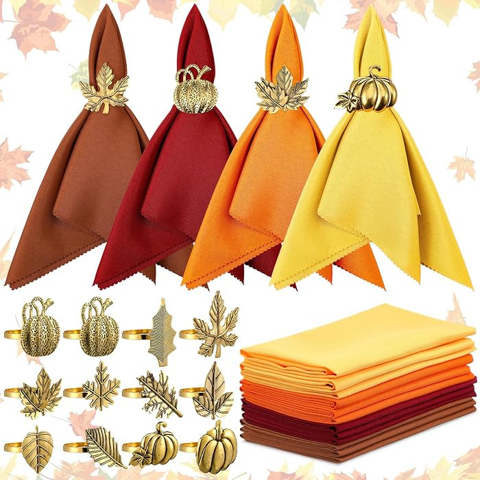 Willbond 32 Pcs Thanksgiving Napkin Set, 16 Cloth Napkins, 16 Gold Rings | Amazon (US)
