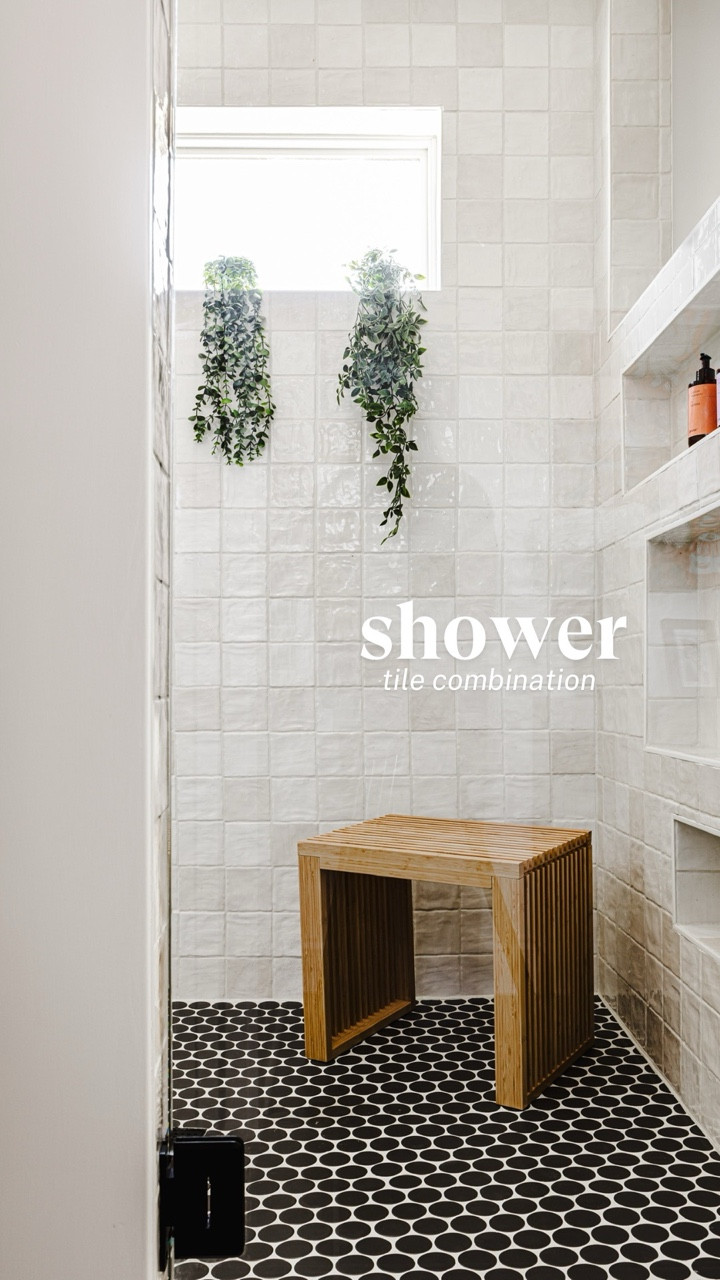 Shower tile I love: a 4”x4” square in white and a 2” penny round in matte black. Design Tip ➡️ I typically go with a matte tile for the shower floor—it helps prevent slipping. Then, to make the space pop, I contrast the wall tile in both color and shape, often choosing a glossy finish to reflect light and keep things feeling bright.🤍

#LTKHome #LTKFindsUnder50 #LTKFindsUnder100