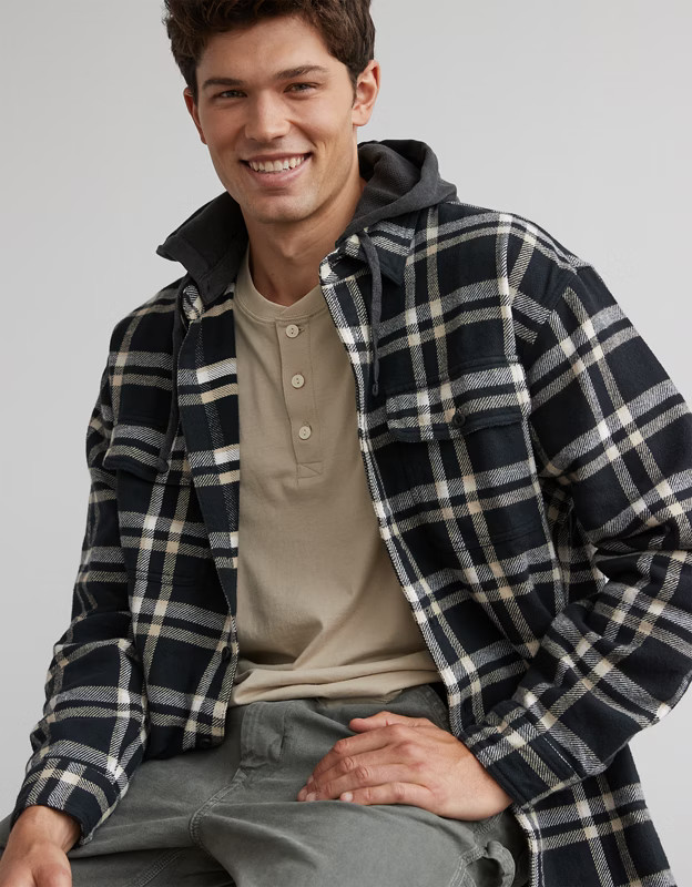 AE Super Soft Hooded Flannel Shirt | American Eagle Outfitters (US & CA)