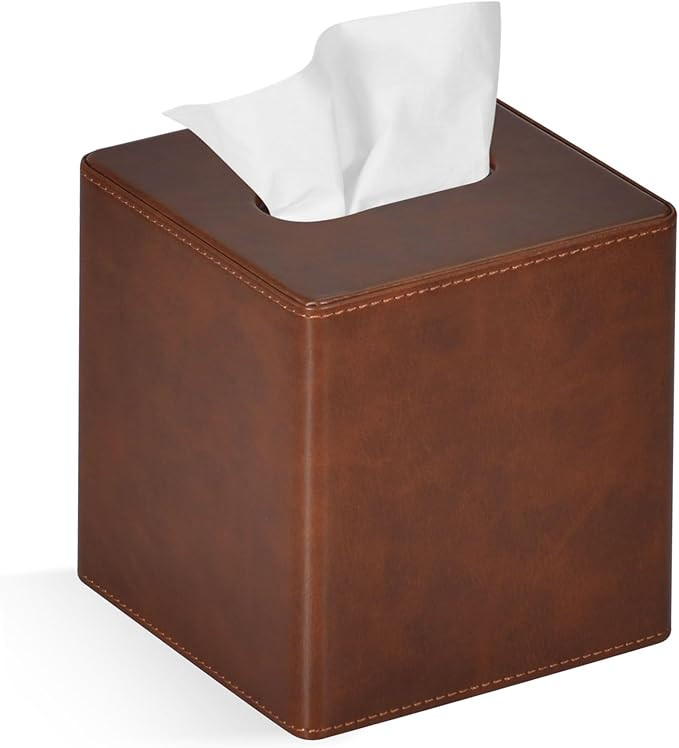 Tissue Box Cover Square PU Leather Facial Tissue Box Holder for Dresser Bathroom Decor (Brown) | Amazon (US)