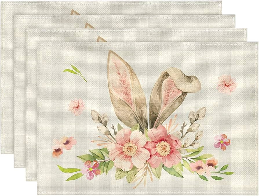 Artoid Mode Buffalo Plaid Bunny Rabbit Ears Flower Easter Placemats for Dining Table, 12 x 18 Inc... | Amazon (US)