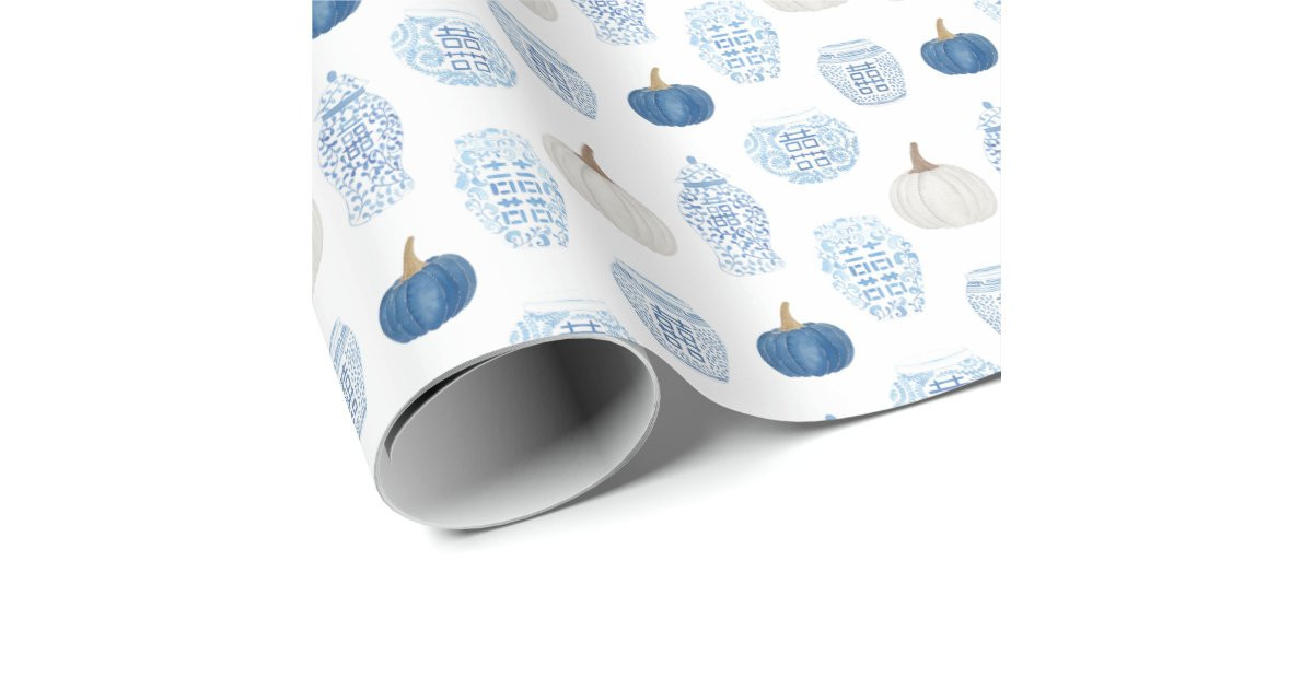 Chinoiserie Chic Blue White Pumpkins Chinese Jars Wrapping Paper | Zazzle | Zazzle