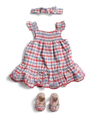 Newborn Girls Gingham Dress With Headband And Sandals | TJ Maxx