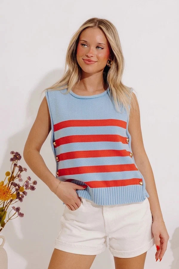 Shoreline Chic Knit Stripe Top in Sky Blue | Impressions Online Boutique