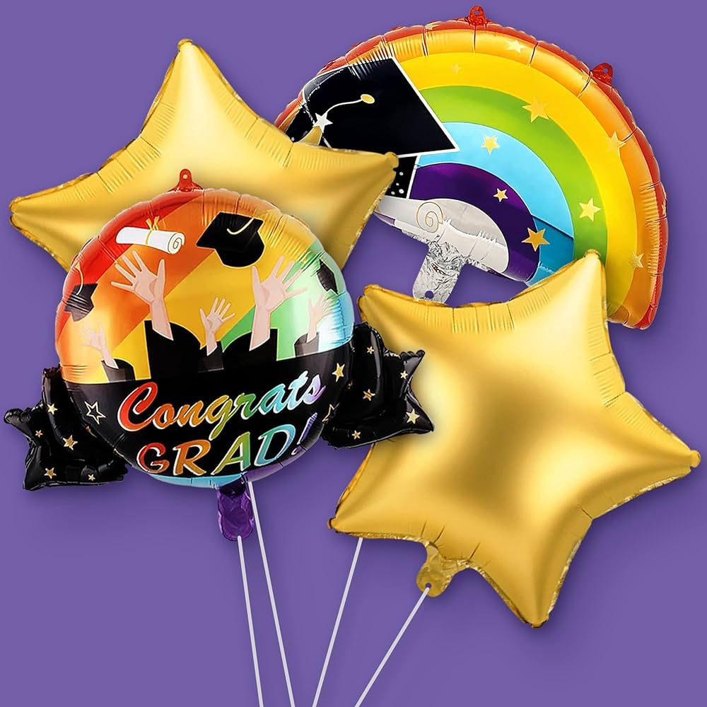 HOUSE OF PARTY Graduation Balloons Black, Gold & Rainbow Foil Balloons - 4 Pcs | 18”x18” Star... | Amazon (US)