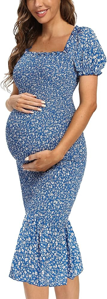 Amazon.com: Maternity Summer Floral Midi Bodycon Dresses, Short Puff Sleeve Square Neck Ruffle He... | Amazon (US)