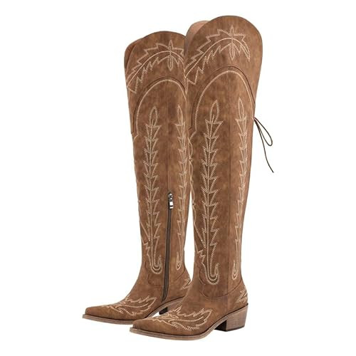 sexytag Women's Thigh High Cowgirl Boots Wide Calf Western Cowboy Boots Embroidered Pointed Toe Block Heel Pull-On Fancy Tall Back Lace Up Adjustable Over The Knee Boots Brown Size 8 | Amazon (US)