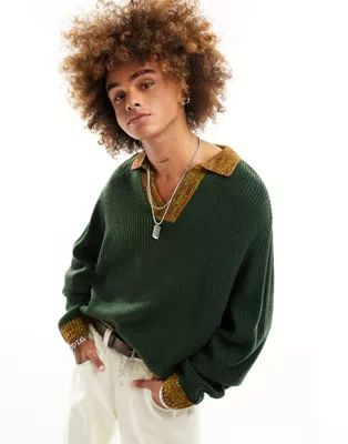 ASOS DESIGN oversized knit contrast notch neck fisherman ribbed sweater in green | ASOS (Global)