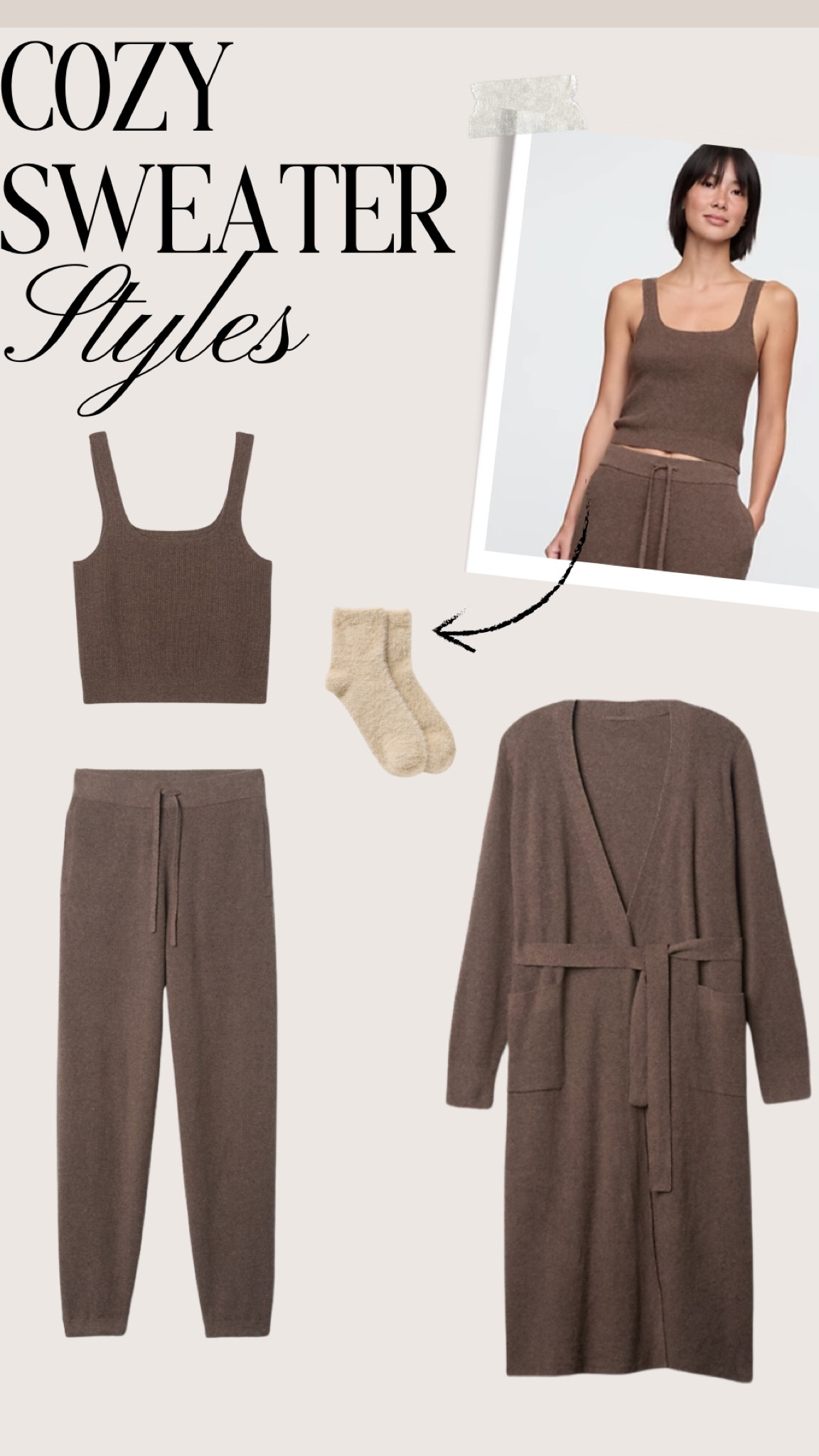 Gap cozy outfit 🤍

#gap #falloutfit #giftidea #sweater #sweaterset #robe #bathrobe #socks #sweatertank #slippers #slides #giftsforher #cozyoutfit #loungewear #winteroutfit 

#LTKSeasonal #LTKSaleAlert #LTKHome