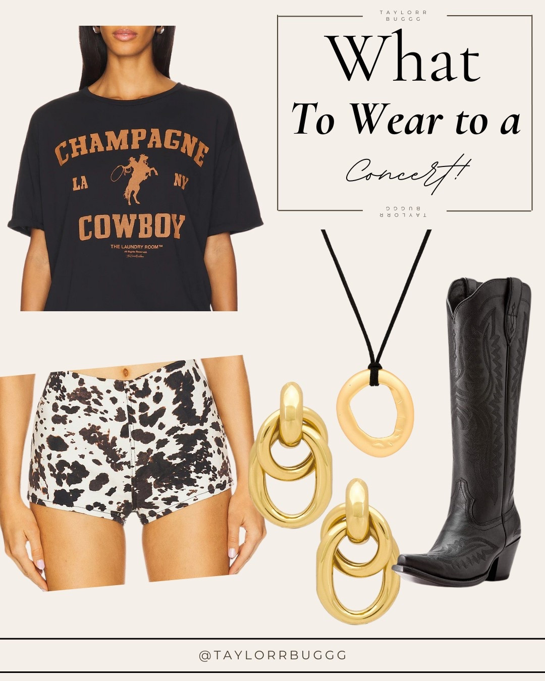 Concert ‘fit but make it cuntry — cow print shorts, a graphic tee, gold statement jewelry, and the ultimate black Ariat boots to stomp the night away. Everything’s from Revolve (except these boots, y’all — they’re Ariat and iconic).

Shop the full look on my LTK @taylorrbuggg for your next night out under the neon lights!

#LTKSeasonal #LTKShoeCrush