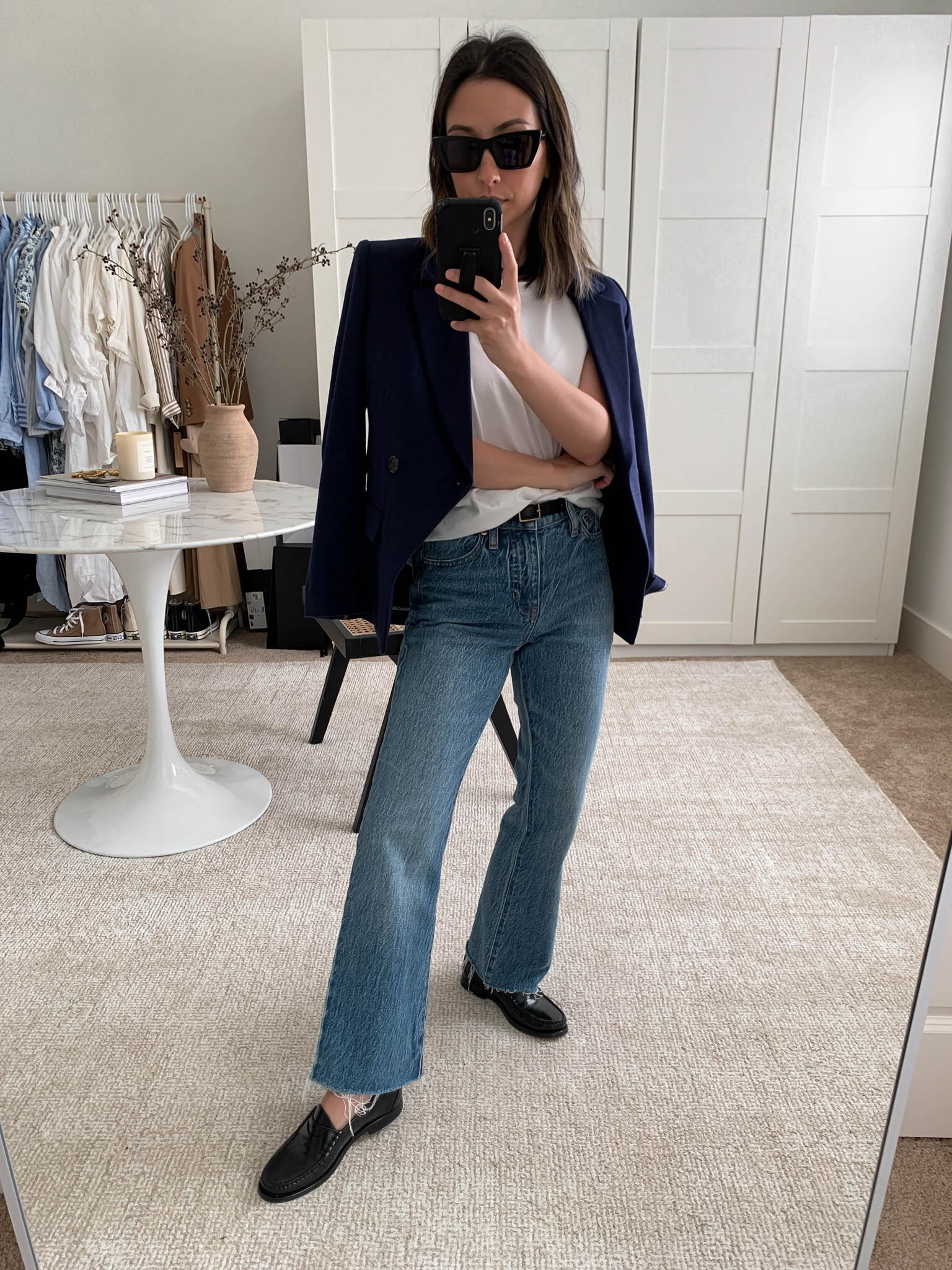 J.crew outfit ideas. New j.crew blazer. Size up for a more roomy fit. 

Blazer - j.crew petite 2
Tee - Everlane medium
Jeans - j.crew petite 24
Loafers - j.crew 5