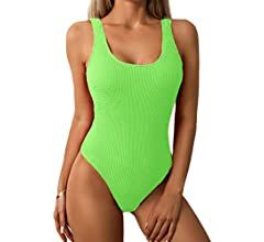 Limeeke Women One Piece Swimsuit Solid Ribbed Monokini Swimwear Scoop Neck Low Back Bathing Suit | Amazon (US)