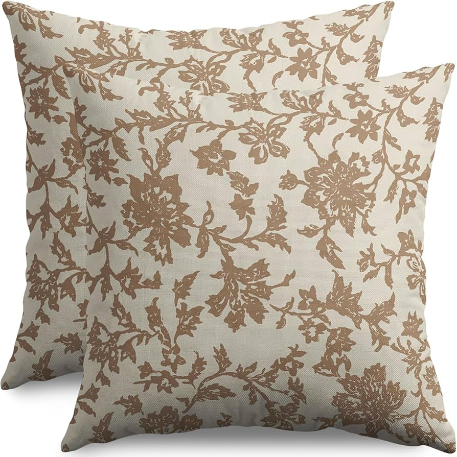 Brown Floral Block Print Pillow Covers 18x18 Set of 2 Rustic Old Style Modern Vintage Flower Patt... | Amazon (US)