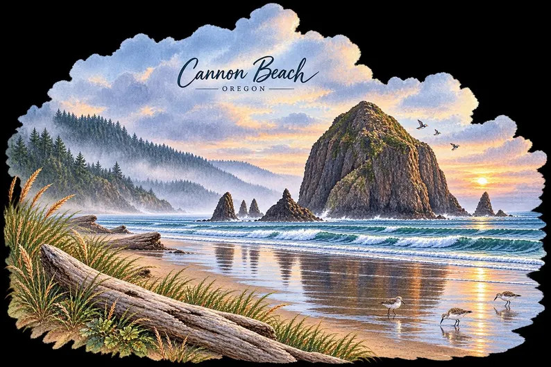 Cannon Beach Oregon PNG, Haystack Rock Watercolor, Oregon Coast Travel Art, Pacific Northwest PNG... | Etsy (Global)