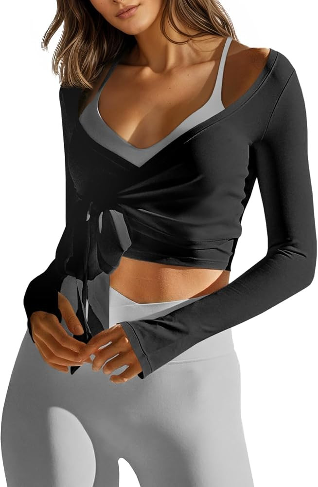Fisoew Womens Wrap Tie Tops Long Sleeve Workout Crop Wrap Shirts Casual Lightweight Ballet Pilate... | Amazon (US)