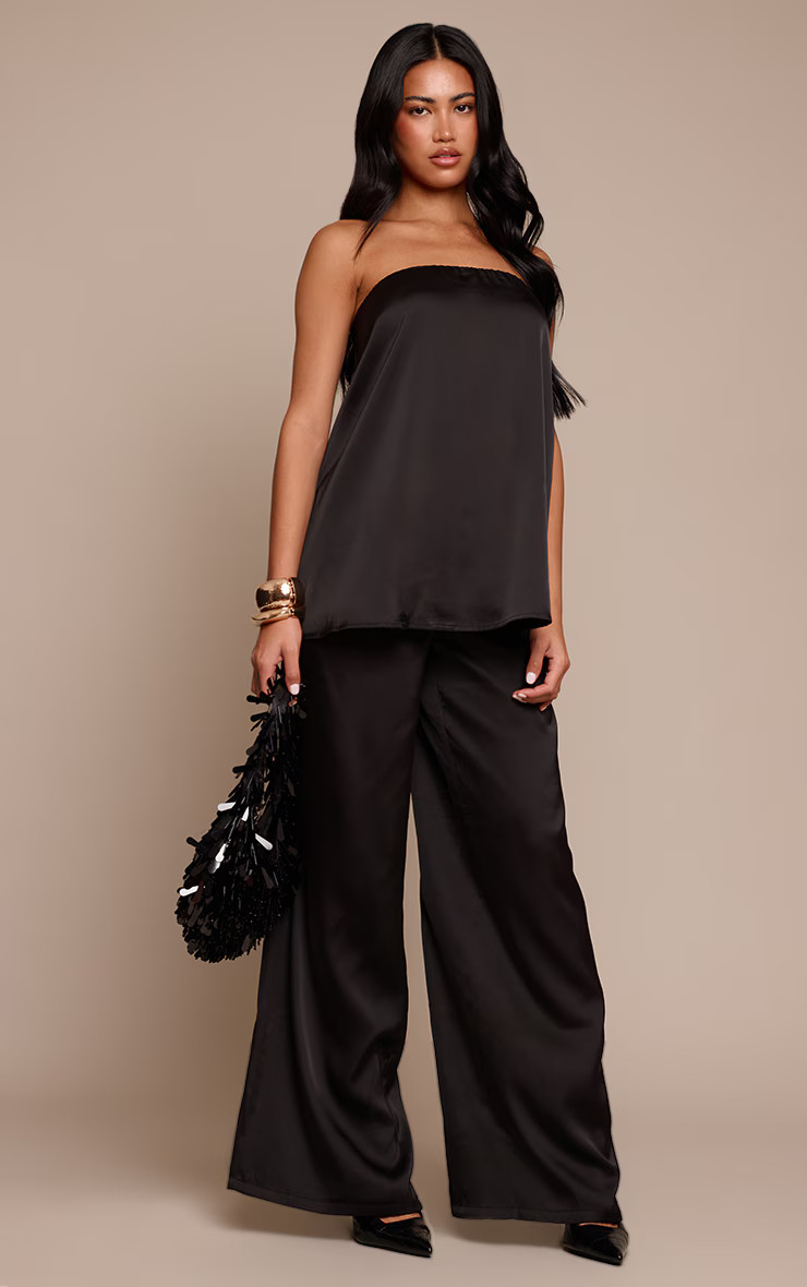 Black Satin Wide Leg Trousers | PrettyLittleThing UK