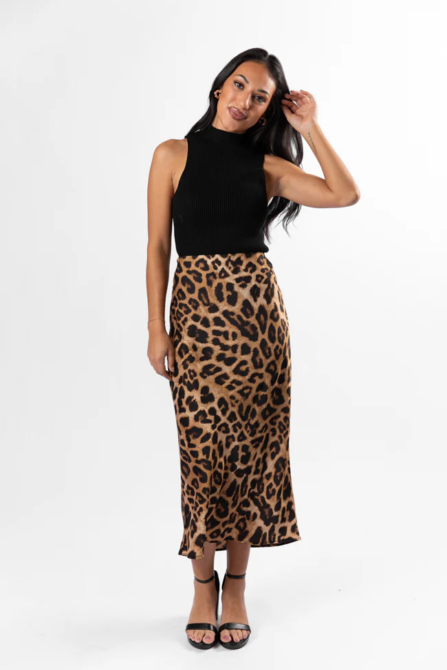 Into The Night Satin Leopard Midi Skirt | Pink Lily