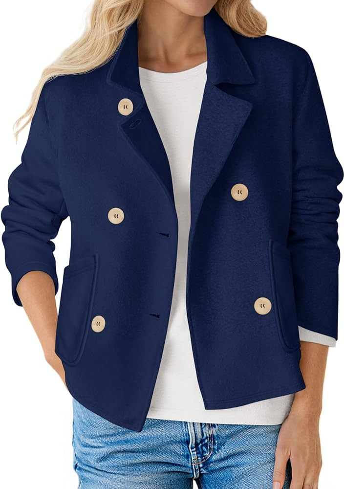 Fisoew Womens Cropped Blazers Business Casual Loose Fit Suits Double Breasted Open Front Cotton B... | Amazon (US)