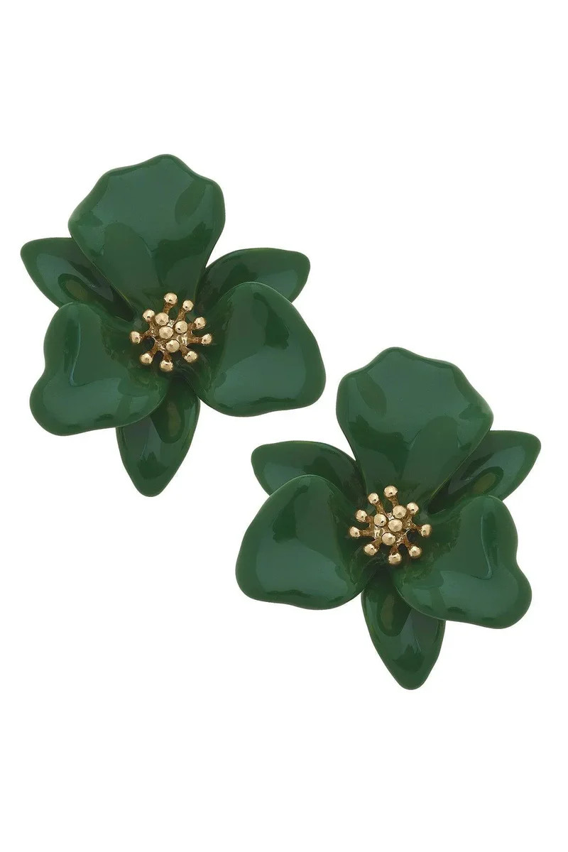Valentina Enamel Flower Statement Earrings in Green | CANVAS
