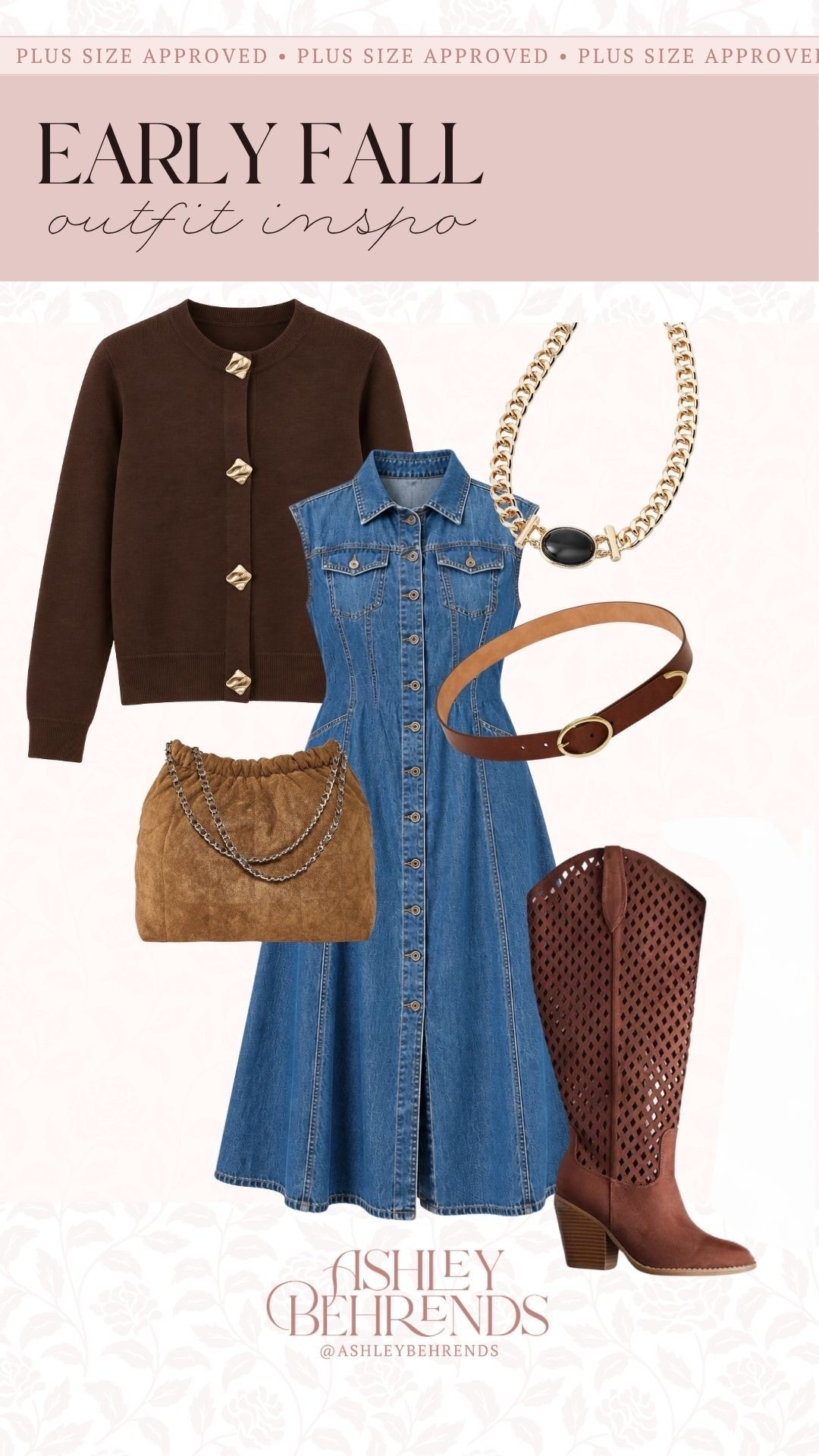 How classic is a denim piece and deep brown accessories for fall? These are some of the cutest (and most size inclusive) pieces I’ve found lately. This super dark brown is such a beautiful color, and this lighter, cognac brown purse is adorable for a bit of variance. I love the belt to accessorize the dress and the bold necklace to complete the look. 
Early fall outfit inspiration, plus size fall outfit

#LTKSeasonal #LTKPlusSize #LTKSaleAlert