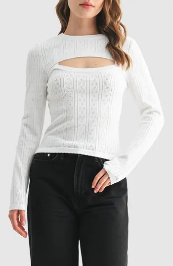 All in Favor Cutout Detail Pointelle Sweater in Cream at Nordstrom Rack, Size X-Small | Nordstrom Rack