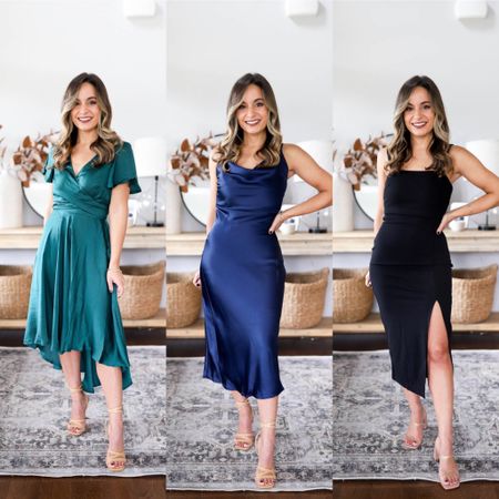 20% off wedding guest dresses at petal and pup 

Green dress: xs 
Blue dress: 0 
Black dress: 0 

I recommend shapewear with all of these dresses. I wear the regular spanx shorts (not higher power). 

#LTKwedding