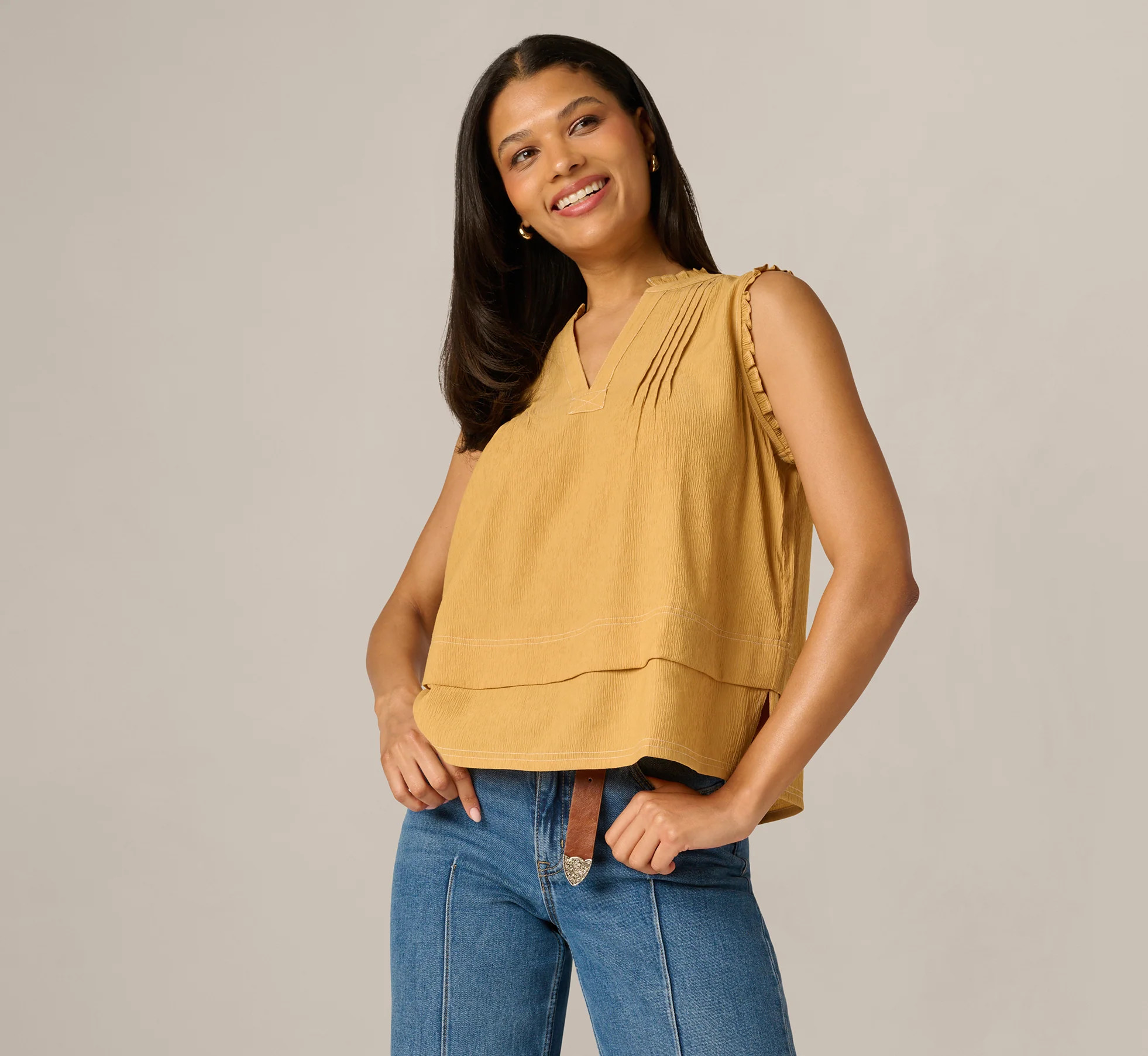 Yellow Pintuck Ruffle Crinkle Tank Top - Adrianna Papell | Adrianna Papell