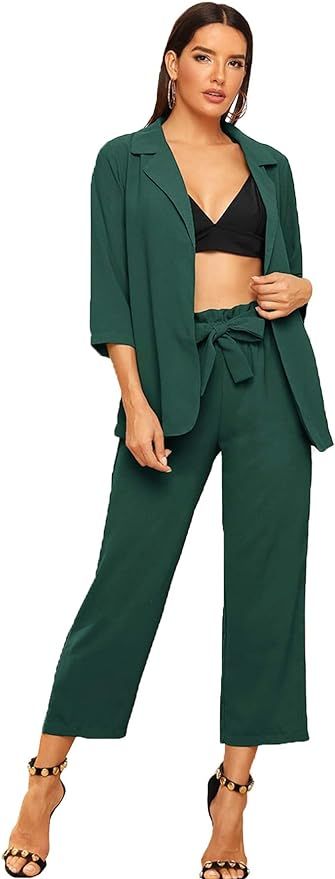 SheIn Women's 2 Piece Outfit Notched Neck 3/4 Sleeve Blazer and Wide Leg Belted Pants Set | Amazon (US)