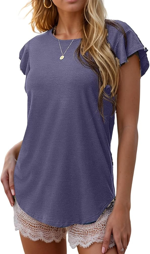 Mmoneyake Womens Summer Tops Ruffle Short Sleeve T Shirts Loose Casual Shirts Crewneck Tunic Tee ... | Amazon (US)