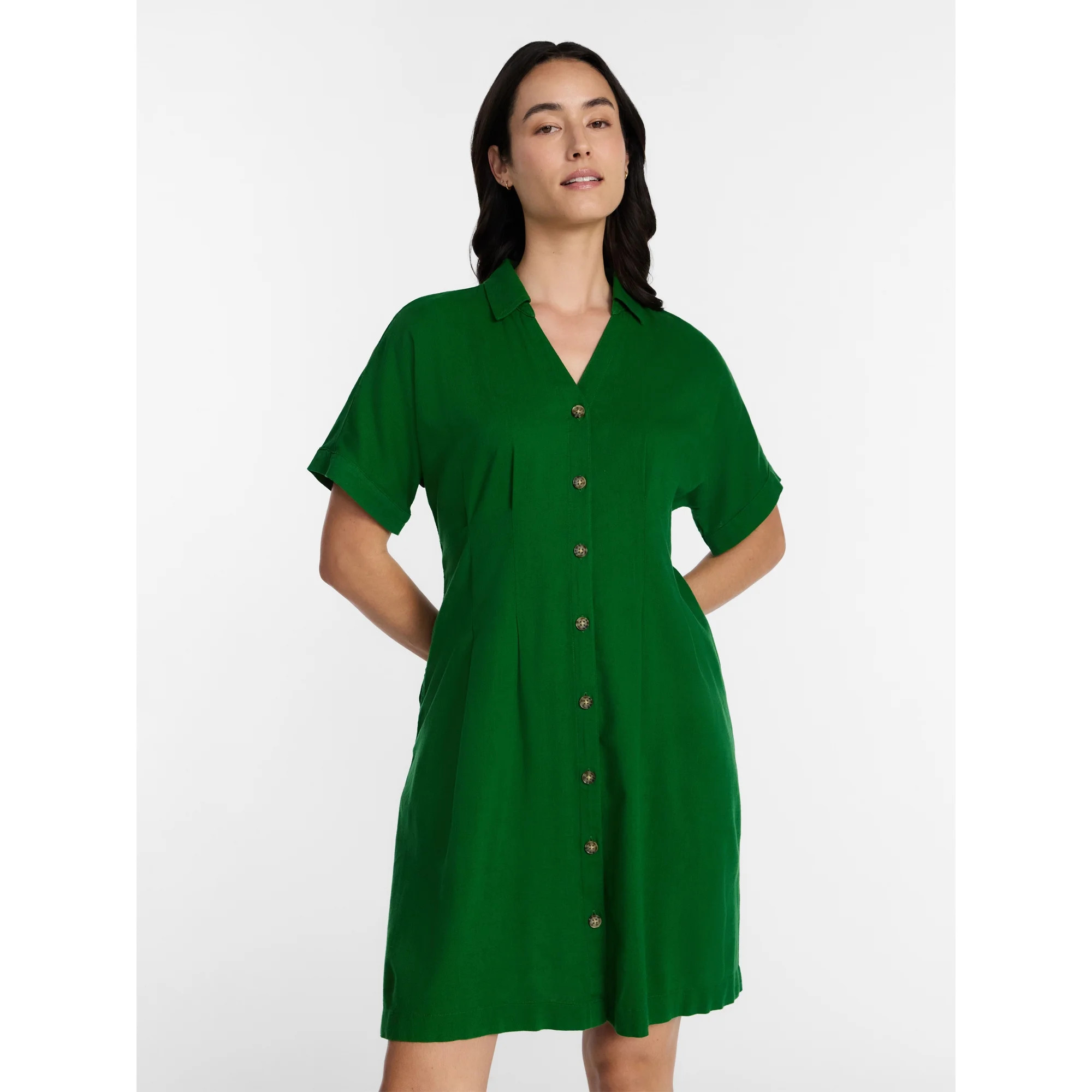 Time and Tru Women's Pleated Waist Fit and Flare Mini Shirt Dress, Sizes XS-XXXL - Walmart.com | Walmart (US)