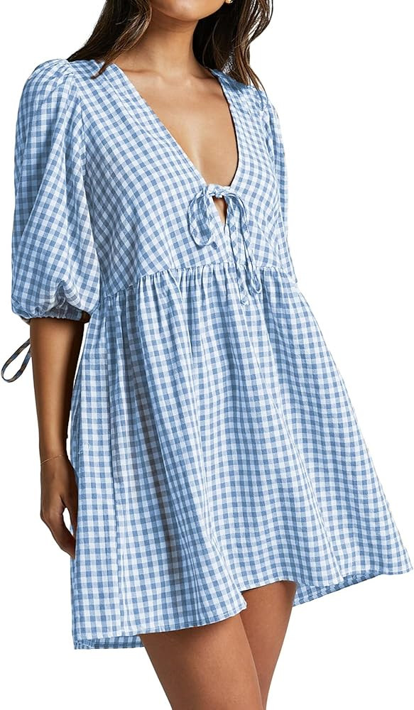 Women's Gingham Puff Sleeve Tie Front Babydoll Mini Dress | Amazon (US)