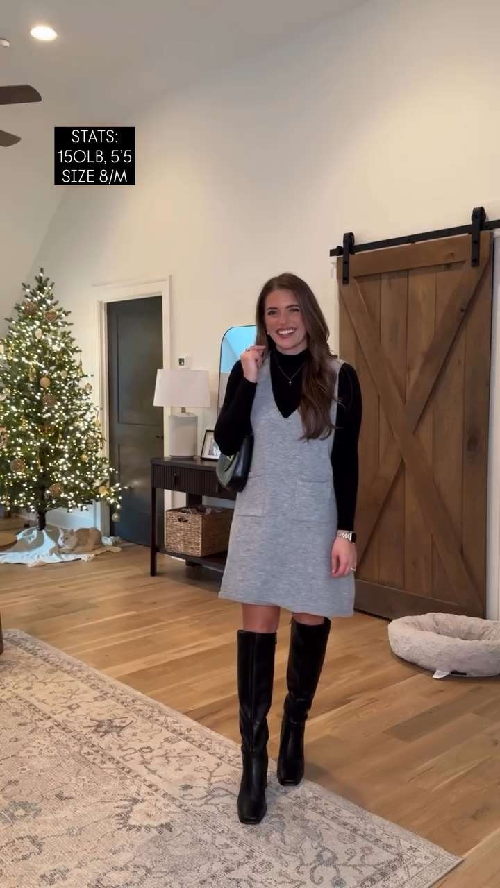 Dress TTS - M in grey solid. Black mock neck tee TTS - M. Tall black boots sized up 1/2 for socks. Lip gloss shade desire. Undies sized up 1 to the L. Bra TTS - M. Fave perfume spray. 

 #LTKHoliday #LTKgrwm #LTKSaleAlert