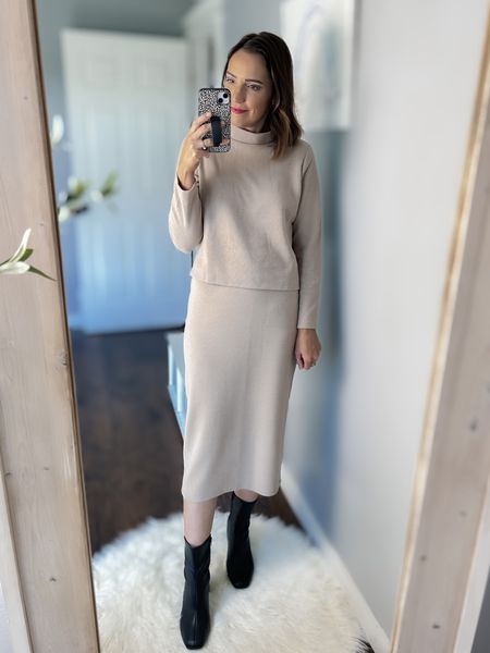 Neutral outfit, fall outfit, matching set, Old Navy, Thanksgiving, church outfit 

French Rib Mock-Neck Tan Sweater — TTS, S

Rib-Knit Tan Midi Skirt — TTS, M

Target black ankle boots — TTS

#LTKfindsunder50 #LTKstyletip #LTKSeasonal