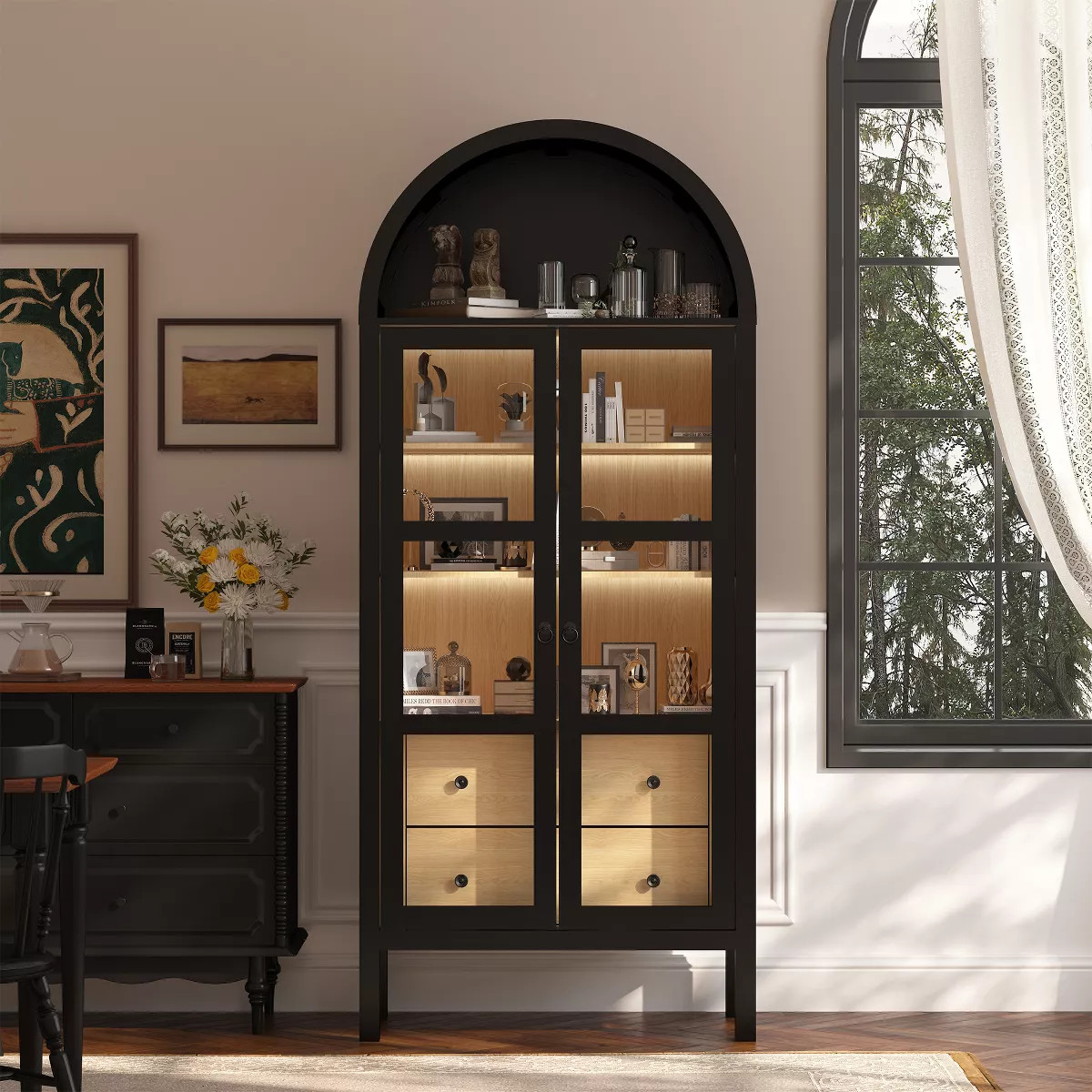 72" H Modern Farmhouse Auto Sensor Light Arched Cabinet with Glass Doors, Adjustable Shelf and 2 ... | Target