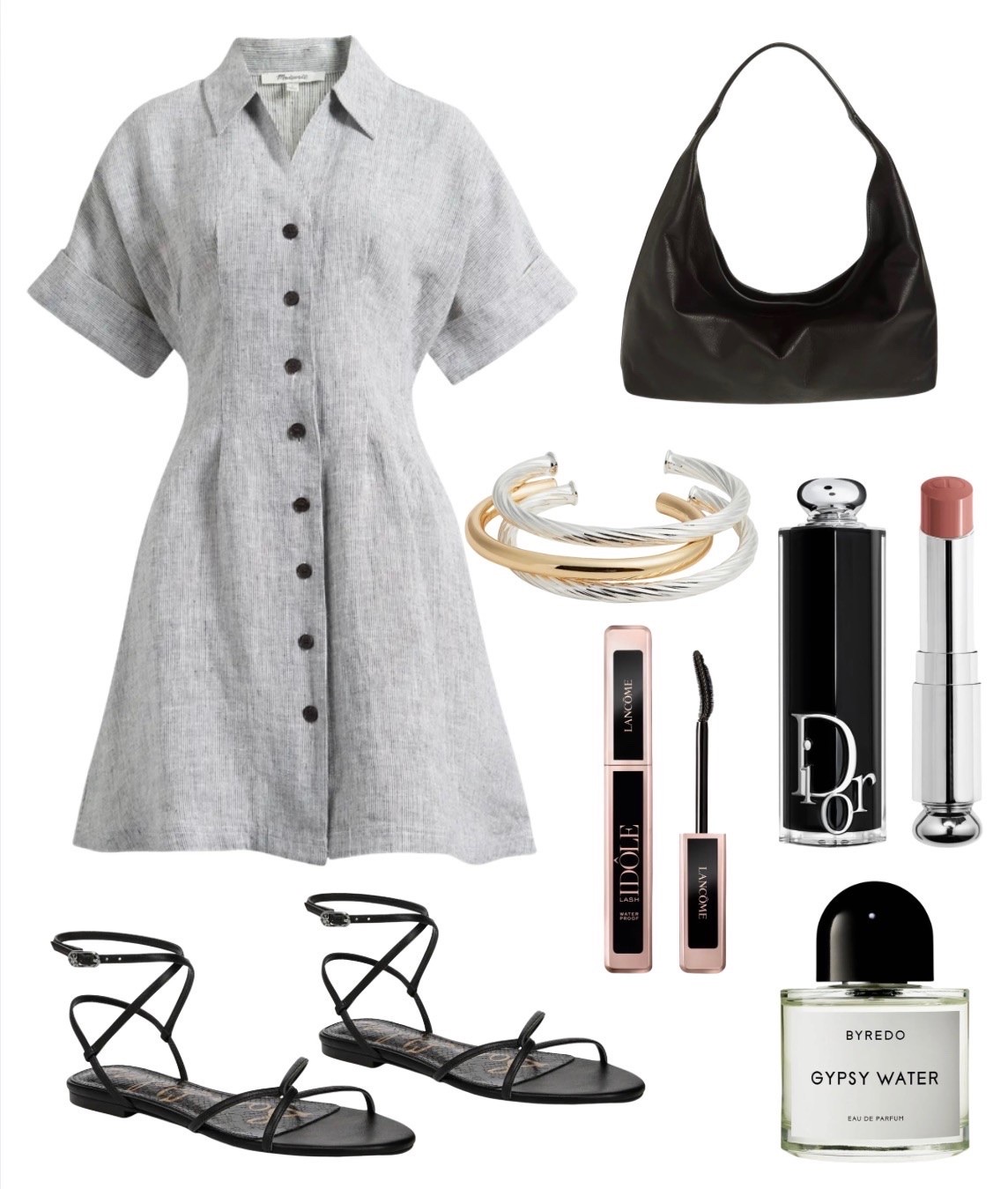 Summer dress
Dress
Black bag 
Sandals
Vacation