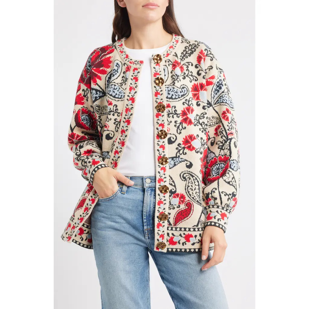 FARM Rio Francesca Jacquard Cardigan in Ivory/Black Multi at Nordstrom Rack, Size X-Small | Nordstrom Rack