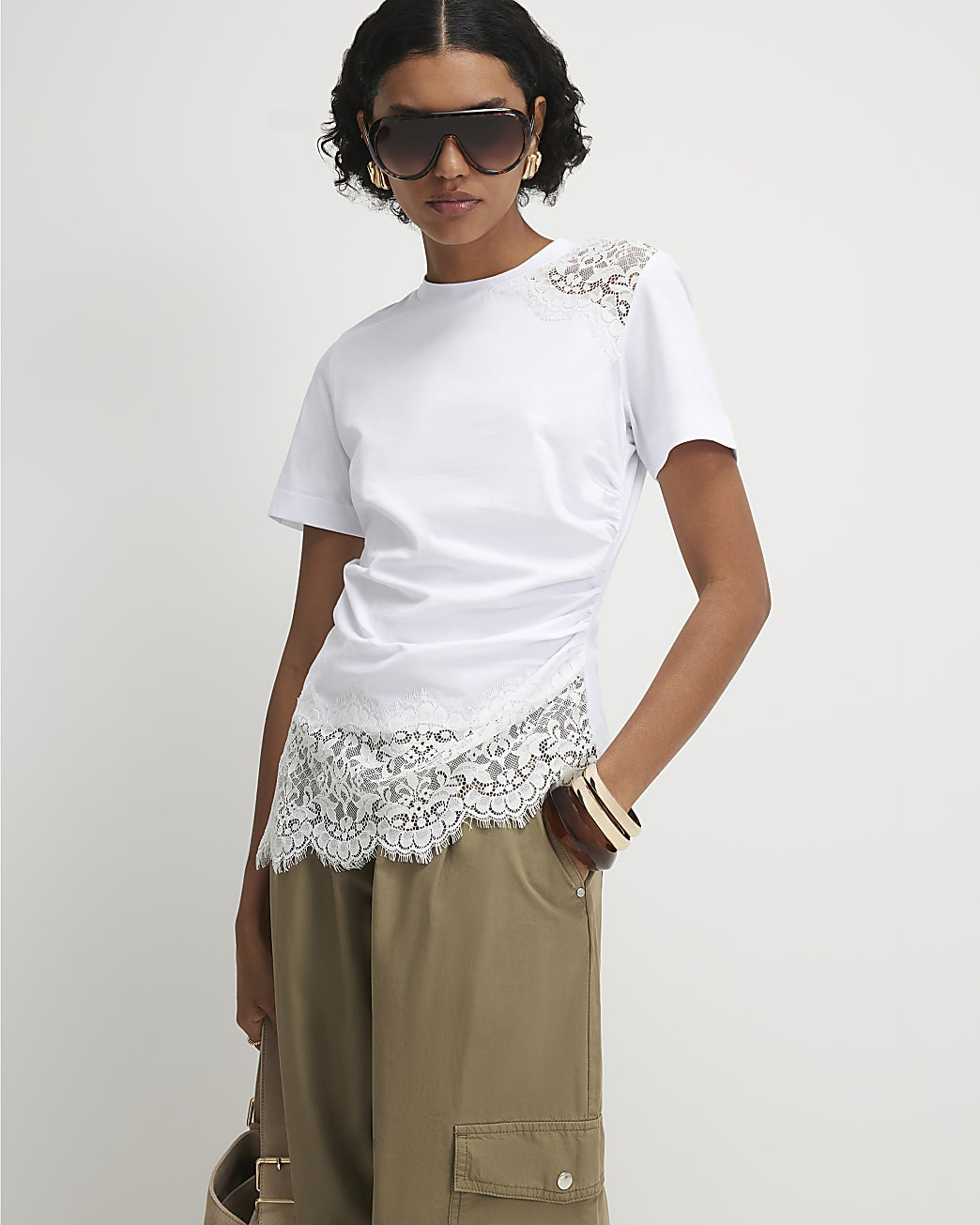 White Short Sleeve Lace Asymmetric Ruched Top | River Island UK & IE
