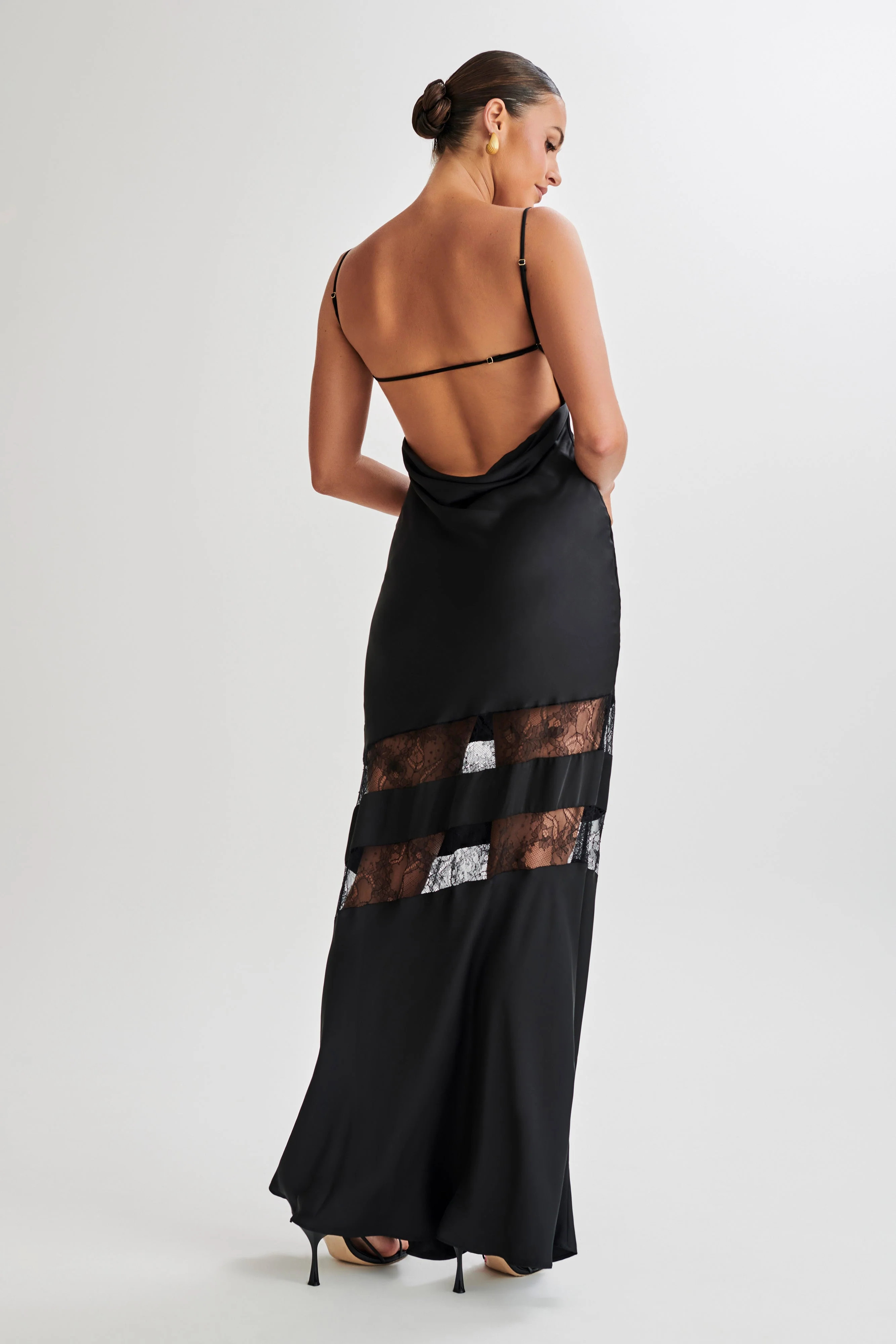 Myrna Satin Lace Maxi Dress - Black | MESHKI US