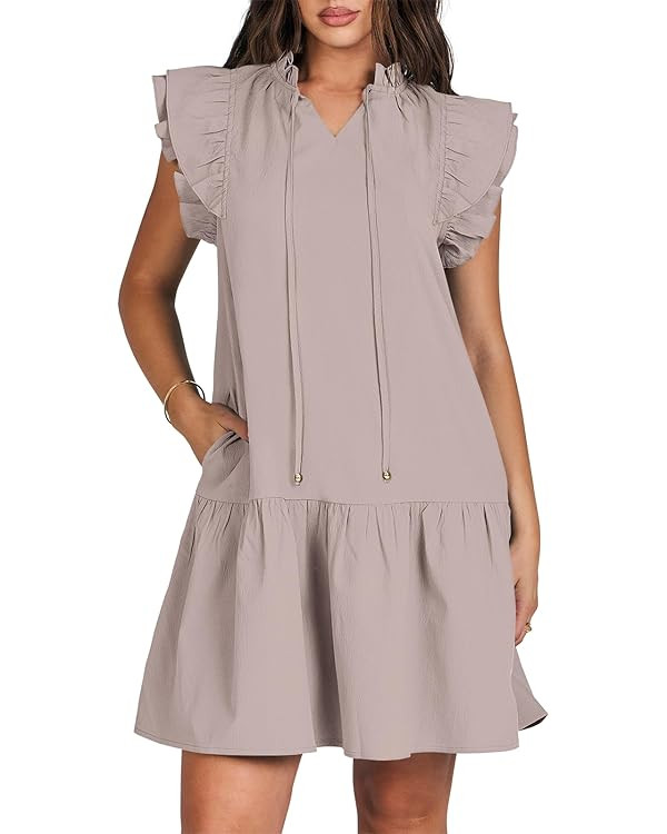 ANRABESS Womens Summer V-Neck Drawstring Ruffle Cap Short Sleeve Casual Shift Mini Dress with Poc... | Amazon (US)