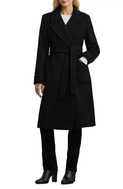 Lauren Ralph Lauren Belted Wool & Cashmere Blend Wrap Coat in Black at Nordstrom, Size 10 | Nordstrom