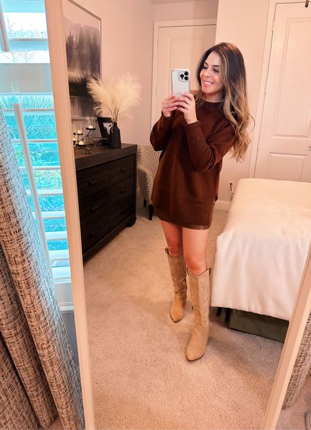 Brown Sweater
Casual look
Leather skirt
Brown leather 
Faux leather
Cowboy boots 
Sale

#LTKunder100

#LTKCyberweek #LTKGiftGuide #LTKHoliday