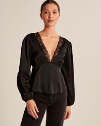 Women's Long-Sleeve Satin Lace-Trim Top | Women's Best Dressed Guest - Party Collection | Abercro... | Abercrombie & Fitch (US)