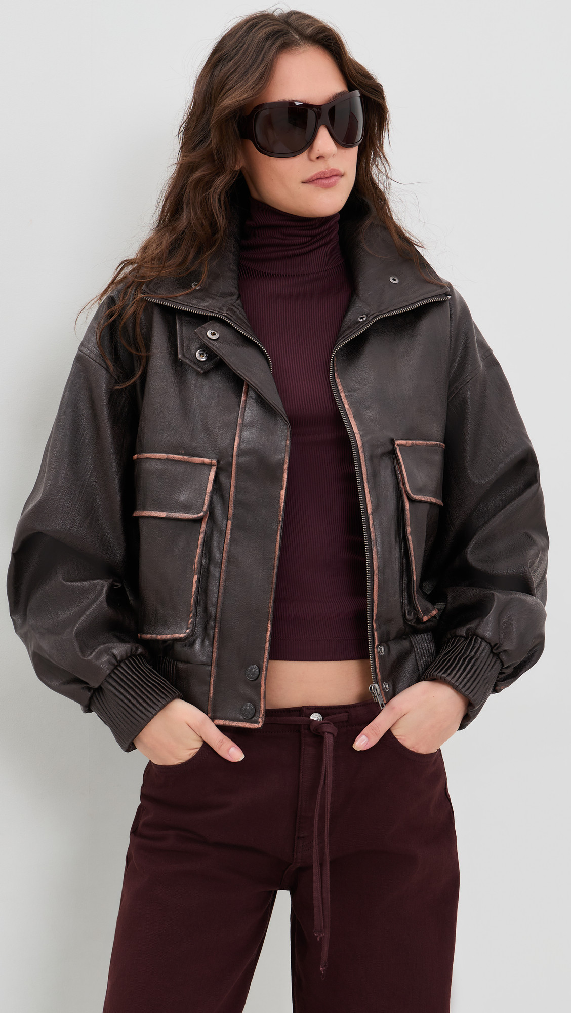 AFRM Cantini Faux Leather Bomber Jacket Washed Dk Brown S | Shopbop