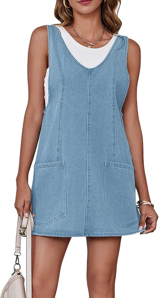 Womens High Roller Overalls Denim Dress Loose Casual Sleeveless Mini Pinafore Jean Romper Skirtal... | Amazon (US)