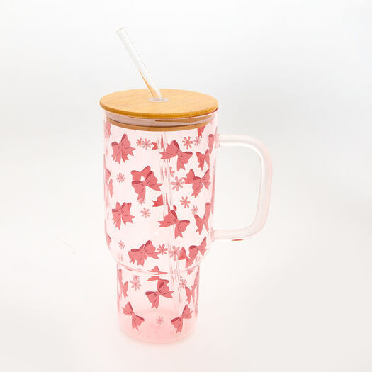 Pink Bows Reusable Glass Sipper Tumbler 20.5x9cm | TK Maxx