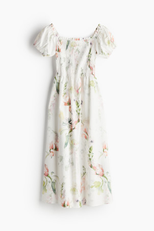 Off-the-shoulder Poplin Dress - White/floral - Ladies | H&M US | H&M (US + CA)