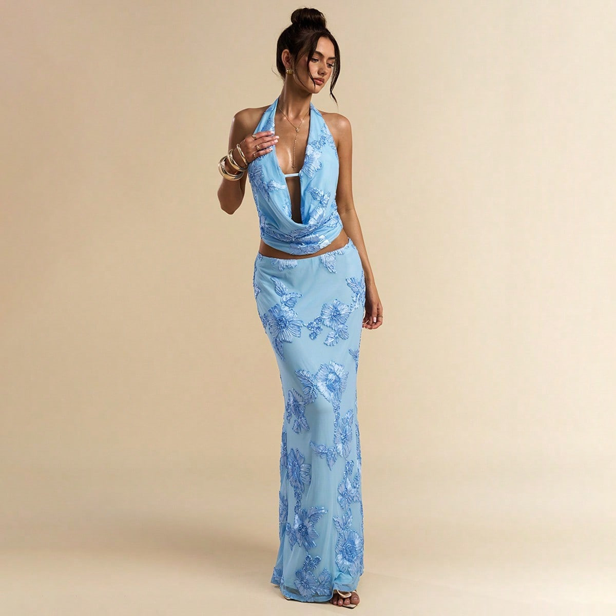 SHEIN BAE Long Blue Embroidery Floral Texture Low-Waisted Skirt, Beach Holiday Skirt, Elegant Sexy Ultra Long Fishtail Skirt, Spring/Summer | SHEIN