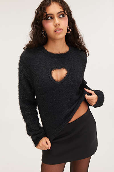 Hairy Knitted Heart Cut-Out Sweater | Monki